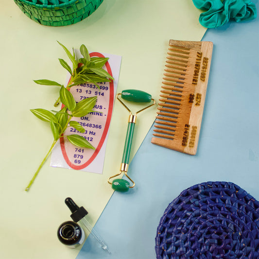 Jade (green) Face Roller + Switchword Neem comb